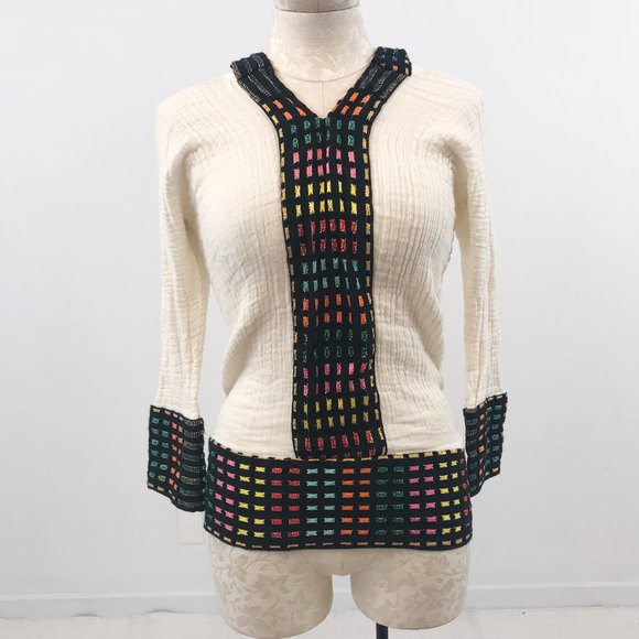 Vintage 70s Surfer Rainbow Stripe Baja Hoodie Cream - Picture 1 of 8